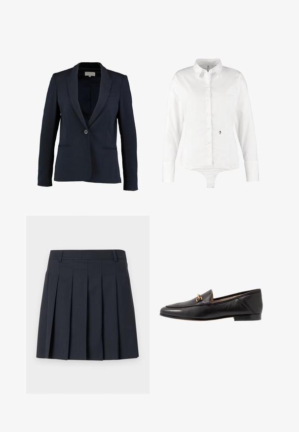 Marineblazer met een geknipt revers, enkele knoopsluiting en twee voorzakken. Gladde stof en getailleerde pasvorm.; Witte longsleeve shirt met een knoopsluiting aan de voorkant, gemaakt van gladde stof. Heeft een klein zwart bloemenlogo aan de linkerzijde. Ontwerp met een bodysuit onderkant.; Donkerblauwe geplooide rok met een platte tailleband, gemaakt van gladde stof. Heeft meerdere verticale plooien en een getailleerd ontwerp.; Zwarte leren instapper met een platte hak, spitse neus en een gouden accent aan de voorkant. Glad textuur met minimale stikdetails.