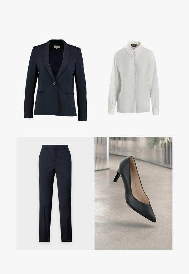 Marineblazer met een geknipt revers, enkele knoopsluiting en twee voorzakken. Gladde stof en getailleerde pasvorm.; Luisa Spagnoli LIMONAIA - Overhemdblouse - panna; Marineblauwe, op maat gemaakte broek met een rechte snit, met een gladde textuur, twee zijzakken en een schone tailleband.; Zwarte leren hoge hak schoen met een spitse neus en een slanke silhouet, met een lage hak en een zachte binnenvoering.
