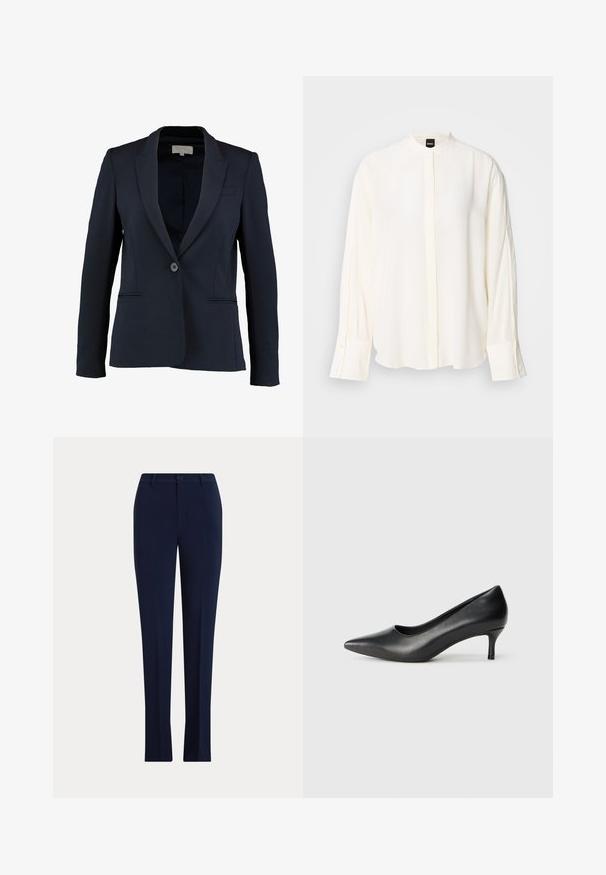 Marineblazer met een geknipt revers, enkele knoopsluiting en twee voorzakken. Gladde stof en getailleerde pasvorm.; Lange mouwen, crèmekleurige blouse gemaakt van gladde stof; mandarina-kraag, voorste beleg, geruite manchetten en een losse pasvorm.; Donkerblauwe, op maat gemaakte rechte broek met een knoop en riemlussen op een lichte achtergrond.; Zwarte leren pump met spitse neus en een lage, kegelvormige hak, met een gladde textuur en een ondiepe uitsnijding in het bovenwerk voor voetzichtbaarheid.