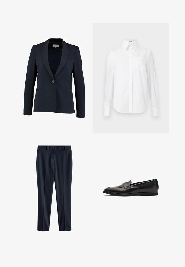 Blazer náutico con solapa de muesca, cierre de botón simple y dos bolsillos frontales. Tejido suave y corte entallado.; Camisa blanca de manga larga hecha de algodón, con un collar puntiagudo, bolsillo en el frente y cierre de botones en la parte delantera. Textura suave.; Pantalones azul marino de tejido liso con corte recto, que cuentan con una cinturilla con pasadores para cinturón y bolsillos laterales.; Mocasín de cuero negro con un acabado suave, puntera redonda y acentos de costura doble en la parte superior. Suela de goma plana para mayor comodidad.