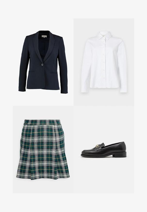 Blazer náutico con solapa de muesca, cierre de botón simple y dos bolsillos frontales. Tejido suave y corte entallado.; CLOSED CLASSIC SHIRT WITH STRAP DETAIL - Blusa - white; Hollister Co. PLEATED MINI SKIRT - Minifalda - green; Mocasines de cuero negro con un bajo tacón cuadrado, presentando un acento de hardware en color dorado y costuras detalladas a lo largo de la punta y la parte superior.