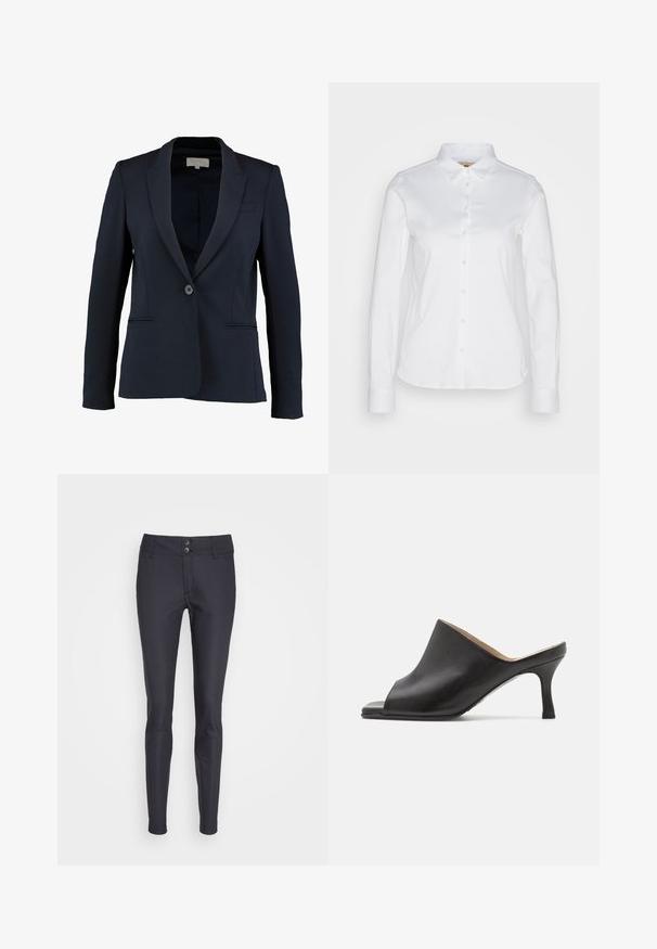 Blazer náutico con solapa de muesca, cierre de botón simple y dos bolsillos frontales. Tejido suave y corte entallado.; Camisa blanca de manga larga con botones y cuello extendido, que presenta una suave tela de algodón y un dobladillo redondeado. La tela tiene un ligero brillo.; Pantalones ajustados negros con una textura suave, con cierre de doble botón y piernas estrechas, adecuados para diversas ocasiones.; Selected ASHLEY - Mules de tacón - black