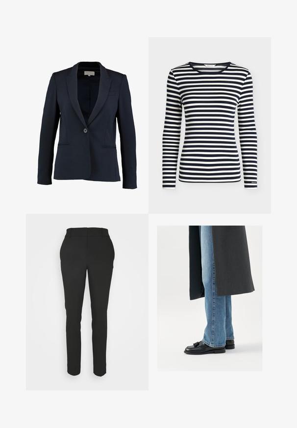 Blazer náutico con solapa de muesca, cierre de botón simple y dos bolsillos frontales. Tejido suave y corte entallado.; Camisa de manga larga con rayas horizontales en azul marino y blanco y cuello redondo, con la marca GANT en el puño de la manga.; Pantalones negros ajustados de corte entallado, con una textura suave y una cinturilla plana. Presentan presillas para cinturón y sin patrones o acentos visibles.; Mocasines de cuero negro con borlas, combinados con jeans rectos de color azul claro, complementados por un abrigo gris oscuro. Líneas limpias y tejido texturizado.
