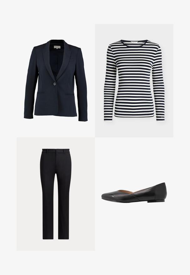 Blazer náutico con solapa de muesca, cierre de botón simple y dos bolsillos frontales. Tejido suave y corte entallado.; Camisa de manga larga con rayas horizontales en azul marino y blanco y cuello redondo, con la marca GANT en el puño de la manga.; Pantalones negros de pierna recta con trabillas y un corte ajustado, mostrados sobre un fondo claro y liso.; Zapato plano de cuero negro con punta afilada, tacón bajo y un diseño superior ligeramente abierto. Textura suave con detalles de costura mínimos.