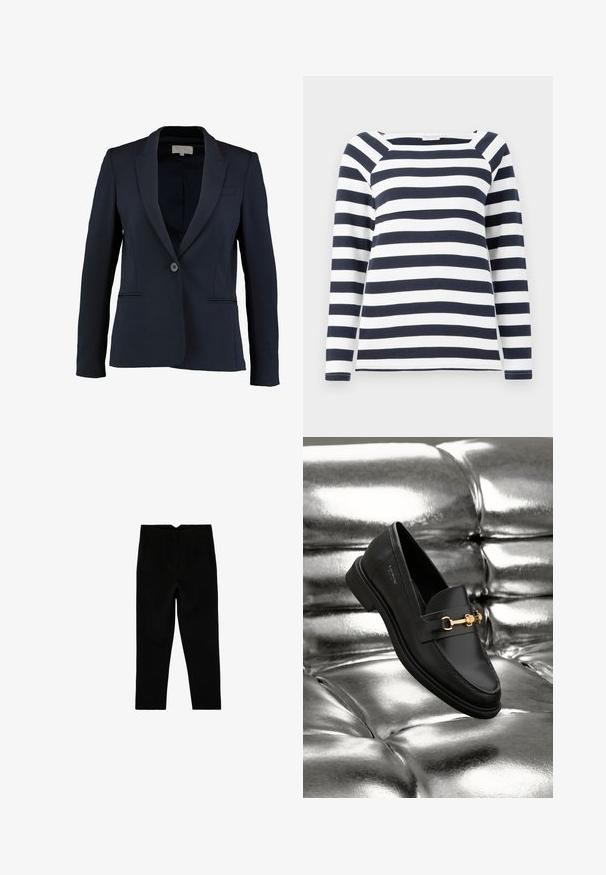 Marineblazer med slagkrave, enkelt knaplukning og to forlommer. Glat stof og skræddersyet pasform.; TOM TAILOR STRIPED CARRE NECK - Langærmet T-shirt - lunar eclipse/off white; Sorte skræddersyede ankelkorte bukser med sidelommer og let tilspidset ben, vist fladt på en hvid baggrund.; Sorte læder loafers med en guldfarvet hardware detalje. Skoen har et elegant design og en glat, skinnende overflade.