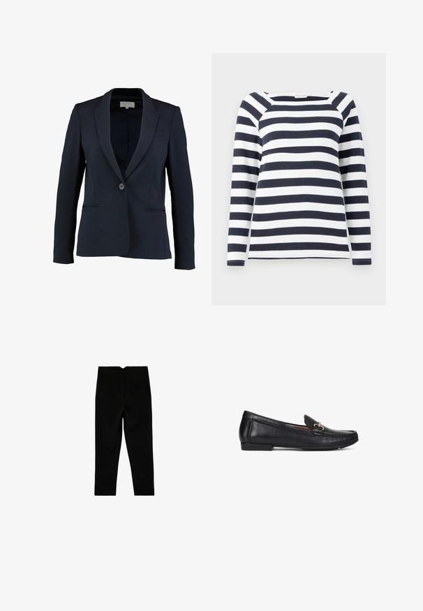 Blazer náutico con solapa de muesca, cierre de botón simple y dos bolsillos frontales. Tejido suave y corte entallado.; TOM TAILOR STRIPED CARRE NECK - Camiseta de manga larga - lunar eclipse/off white; Pantalones negros a medida hasta el tobillo con bolsillos laterales y pierna ligeramente entallada, mostrados extendidos sobre un fondo blanco.; Mocasín negro de cuero con detalle metálico dorado, tacón bajo y diseño de puntera mocasín cosida, mostrado de perfil sobre fondo blanco.