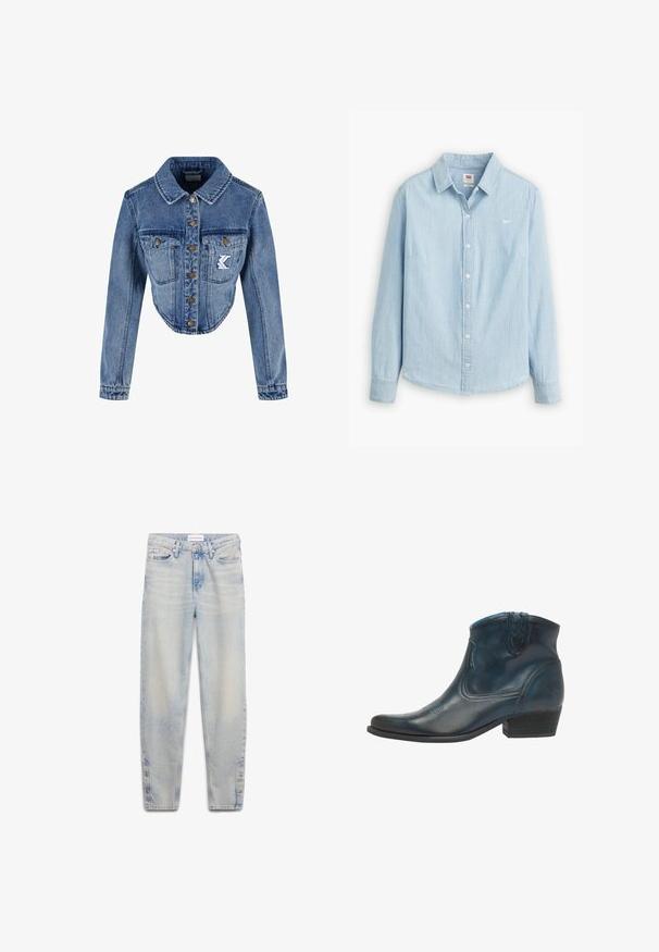 Chaqueta de mezclilla recortada en azul claro con cuello puntiagudo, cierre de botones, dos bolsillos en el pecho y detalle de logo bordado en el bolsillo izquierdo.; Camisa de botones azul claro hecha de suave tela de mezclilla. Presenta un collar clásico y mangas largas, con un pequeño logo en el pecho.; Calvin Klein Jeans Vaqueros boyfriend - denim light; Botas de cowboy hasta el tobillo, hechas de cuero azul oscuro, con punta afilada, acentos curvados y un tacón bajo apilado con sutiles detalles de costura.