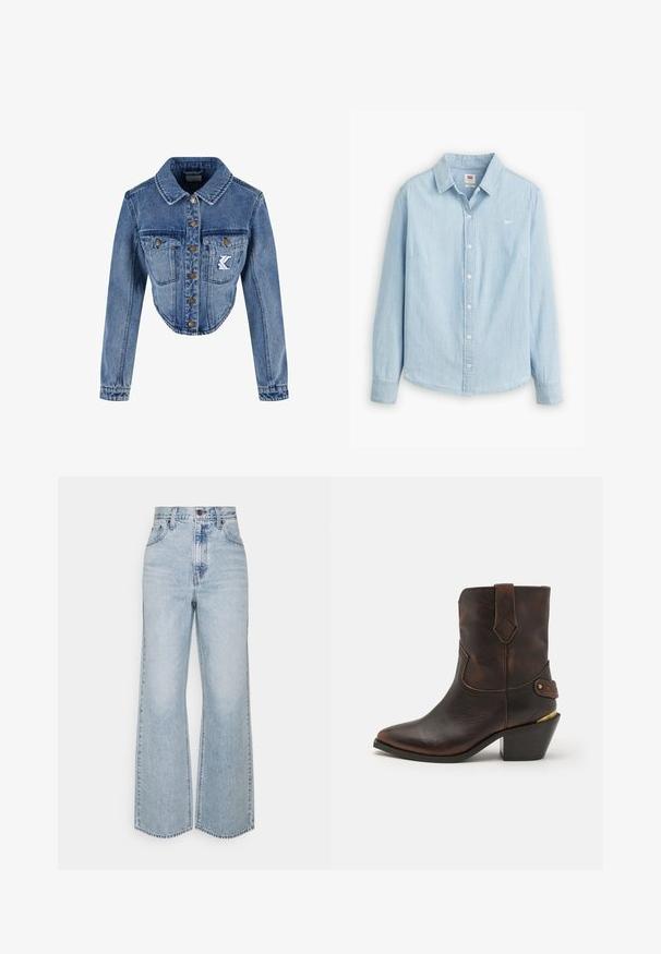 Afklippet denimjakke i lys blå med spids krave, knaplukning, to brystlommer og broderet logo-detalje på venstre lomme.; Lyseblå skjorte med knapper lavet af blødt denimstof. Har en klassisk krave og lange ærmer, med et lille logo på brystet.; Lysblå denim brede ben jeans med høj talje, klassisk fem-lomme design og kontrasterende syninger. Uslebne kanter i bunden.; Brune læder cowboystøvle med spids tå og stablet hæl. Har et dekorativt diamantmønster og en rem med hardware-detajle.
