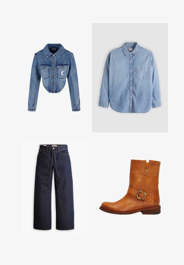 Afklippet denimjakke i lys blå med spids krave, knaplukning, to brystlommer og broderet logo-detalje på venstre lomme.; Lyseblå denimskjorte med button-down-krave, forlompe og lange ærmer. Har en buet kant og en subtil tekstur.; Bredde ben mørkeblå denim jeans med høj talje, der har snoretræk, fem lommer og kontrastsyet detaljer.; Brun læder ankelstøvle med en flad træhæl, bred rem og spænde detalje, udskæring ved anklen og præget logo på siden.
