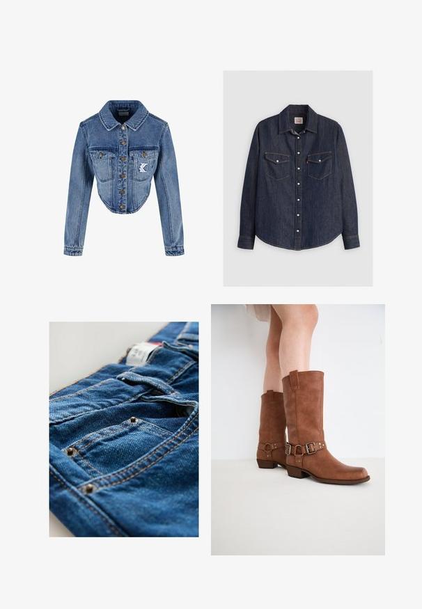 Kärbitud denimblaazer helesinises värvitoonis, millel on terava kraega, nööbid ja kaks rinna taskut ning broderi logo detail vasakul taskul.; Tumedast sinisest denimpoolest särgist pikkade varrukatega, nööbid ees, kaks rinnaelukoti, millel on klapid, ja kontrastse kollase õmblusega.; Tumed sinised teksad kontrastsete oranžide õmblustega, millel on taskud ja metallist nupud taskuõmblustes. Nähtav tekstuuriga kangas.; Pruunid nahast pahkluu saapad, millel on veidi terav nina, dekoratiivsed klambrid ja madal virnastatud konts. Sile tekstuur mati viimistlusega.