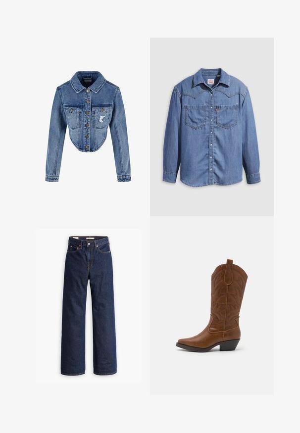 Afklippet denimjakke i lys blå med spids krave, knaplukning, to brystlommer og broderet logo-detalje på venstre lomme.; Lyseblå denimskjorte med spidst krave, to brystlommer og trykknapper. Har et western-inspireret stykke på skuldrene.; Mørkeblå straight-leg denim jeans med fem lommer, orange syninger og knaplukning.; ONLY SHOES ONLBRONCO - Cowboy- / bikerstøvler - brown