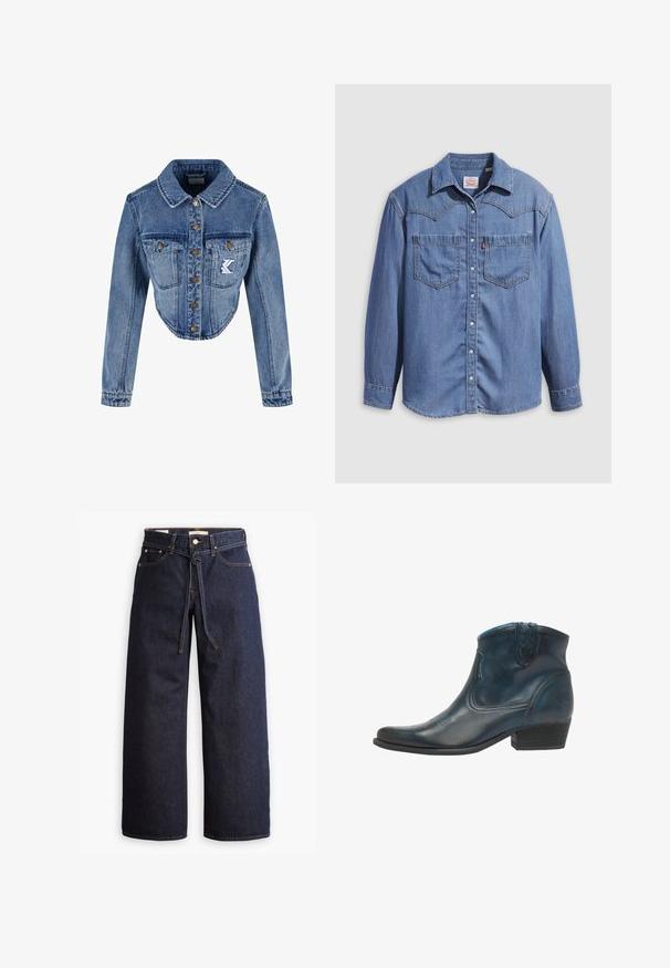 Kärbitud denimblaazer helesinises värvitoonis, millel on terava kraega, nööbid ja kaks rinna taskut ning broderi logo detail vasakul taskul.; Hele sinine teksasärk terava krae, kahe rinnatasku ja trukkidega. Omadusi lääne stiilis õmblustega yoke disaini.; Laiad joped tumeda sinise denimi ja kõrge taljega, millel on paela kinni tõmbamise võimalus, viis taskut ja kontrastsete õmblustega detailid.; Tumedast sinisest nahast cowboy stiilis ankle boti, millel on terav nina, kõverad detailid ja madal virnastatud konts, millel on peened õmblusdetailid.