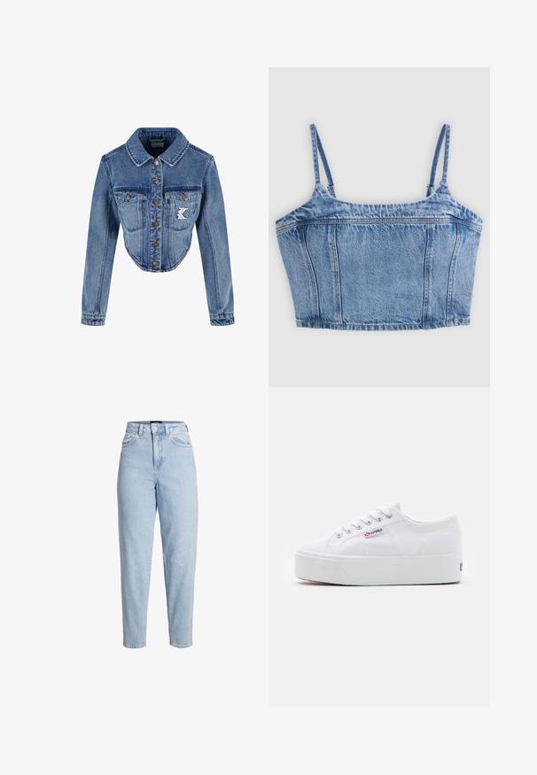 Geknipte denimjas in lichtblauw met puntige kraag, knoopsluiting, twee borstzakken en geborduurd logo-detail op de linkse zak.; Denimblauwe cropped tanktop met dunne verstelbare schouderbandjes en verticale naaddetails aan de voorkant.; Lichtblauwe spijkerbroek met hoge taille, voorzijde met knoop- en ritssluiting, riemlussen en taps toelopende pijpen.; Witte canvas sneaker met een dikke witte platformzool, ronde neus en metalen oogjes voor veters. Merkl logo aan de zijkant weergegeven.