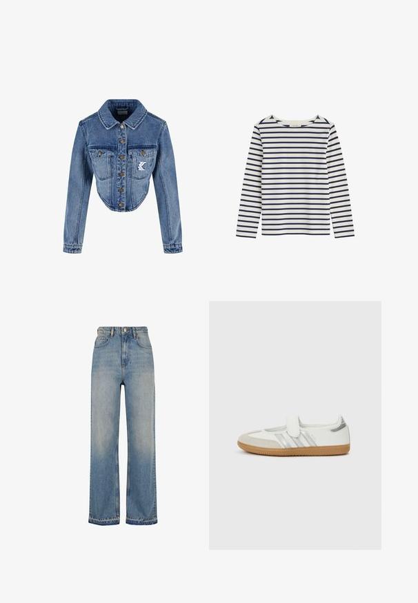 Geknipte denimjas in lichtblauw met puntige kraag, knoopsluiting, twee borstzakken en geborduurd logo-detail op de linkse zak.; Wit shirt met lange mouwen en horizontale marineblauwe strepen, met een ronde hals, plat neergelegd op een witte achtergrond.; Lichtblauwe denim wijde broek met hoge taille, voorzien van zijzakken en een knoopsluiting. Versleten textuur en rafelige zoomdetails.; Witte sneaker met zilveren strepen, suède neuskap en klittenbandsluiting. Texturen gumrubberen zool. Minimalistisch ontwerp met een gladde afwerking.
