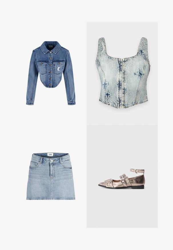 Kärbitud denimblaazer helesinises värvitoonis, millel on terava kraega, nööbid ja kaks rinna taskut ning broderi logo detail vasakul taskul.; Heledad teksasist crop top helesin sinise värviga, ruudukujulise kaelusega, paksude rihmadega, esiosa luku sulgemisega ning dekoratiivse ristõmblusega.; Hele sinine teksase miniseelik esiäärega, millel on ees nööbid, tõmblukk, vööaugud ja kaks esist taskut.; Metallilise roosa kuldse värvusega balletikingad terava toe ja kolme kinnitusega rihmaga, lame kann ja sile nahktekstuur.