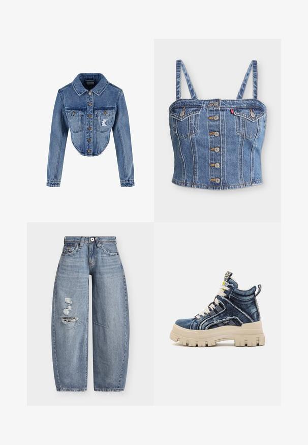 Afklippet denimjakke i lys blå med spids krave, knaplukning, to brystlommer og broderet logo-detalje på venstre lomme.; Denim cropped tanktop med tynde stropper, frontknaplukning, to brystlommer med klap og kontrastsyninger.; Blå denim jeans med vide ben, høj talje og slidte revner på venstre lår, med forlommer og bæltestropper.; Buffalo ASPHA MID - Sneakers high - blue