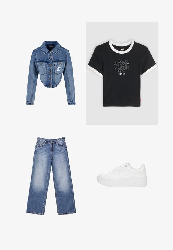 Afklippet denimjakke i lys blå med spids krave, knaplukning, to brystlommer og broderet logo-detalje på venstre lomme.; Sort Levi's t-shirt med korte ærmer og hvid kant på krave og ærmer, med en hvid sol- og månegrafik over Levi's-logoet.; Blå denimjeans med højtaljede, vide ben, forlommer og falmede områder på lårene, lagt fladt på en hvid baggrund.; Hvid platform-sneaker med snørelukning foran, perforerede detaljer på siden og tyk sål, vist fra ydersiden på en hvid baggrund.