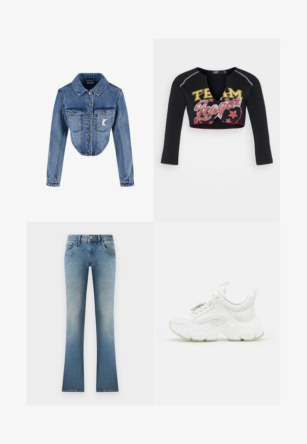 Krátka denimová bunda svetlomodrej farby s vystupujúcim golierom, zapínaním na gombíky, dvoma náprsními vreckami a vyšitým logom na ľavom vrecku.; Jaded London CROPPED RAGLAN WITH CONTRAST STITCH & PLACEMENT SCREEN PRINT - Top s dlhým rukávom - mehrfarbig; Svetlomodré rozšírené džínsy vyrobené z denimu. Obsahujú vybledlý vzhľad, päť vreciek a zapínanie na gombík so slučkami na opasok pri páse.; Biele chunky tenisky vyrobené z kože a sieťoviny, s hrubou podrážkou, zaoblenou špičkou a dekoračnými šnúrkami. Jemne textúrované akcenty.