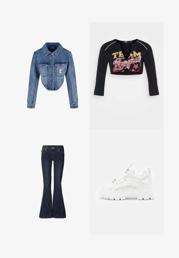 Geknipte denimjas in lichtblauw met puntige kraag, knoopsluiting, twee borstzakken en geborduurd logo-detail op de linkse zak.; Jaded London CROPPED RAGLAN WITH CONTRAST STITCH & PLACEMENT SCREEN PRINT - Longsleeve - mehrfarbig; Uitlopende donkerblauwe spijkerbroek met een nauwsluitende taille, twee voorzakken en subtiele stikdetails. Voorzien van knoop- en ritssluiting.; Witte chunky sneakers met een textuur bovenkant, gevoerde kraag en dikke, gegroefde zool. Voorzien van contrasterende zwarte veters en merkaanduiding.