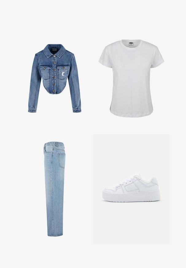 Geknipte denimjas in lichtblauw met puntige kraag, knoopsluiting, twee borstzakken en geborduurd logo-detail op de linkse zak.; Witte katoenen t-shirt met een klassieke ronde hals, korte mouwen en een rechte zoom. Bevat een label met "URBAN CLASSICS" in het zwart.; Lichtblauwe rechte jeans met hoge taille en zichtbare achterzak, van de zijkant weergegeven tegen een witte achtergrond.; Witte synthetische sneakers met een gladde textuur, ronde neus, vetersluiting en een dikke zool met een gestructureerd profiel.