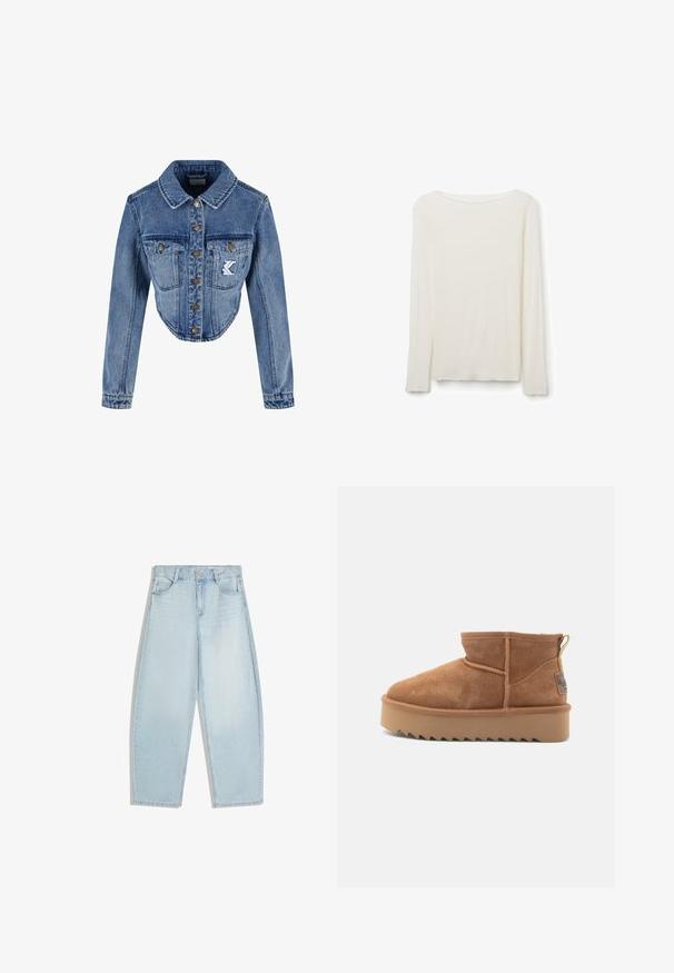 Geknipte denimjas in lichtblauw met puntige kraag, knoopsluiting, twee borstzakken en geborduurd logo-detail op de linkse zak.; Lange mouw, lichtbeige, geribbelde gebreide shirt met een ronde halslijn en subtiele gezaagde randen aan de mouwen en zoom.; Lichtblauwe, recht gesneden jeans gemaakt van denim. Voorzien van voorzakken, ceintuurlussen en een netjes afgewerkte zoom met minimale vervaging en texturen.; Bruine suède enkelboot met een afgeronde neus, voorzien van een zigzag rubberen zool en een lusvormige hielstrip voor eenvoudig aan- en uittrekken.