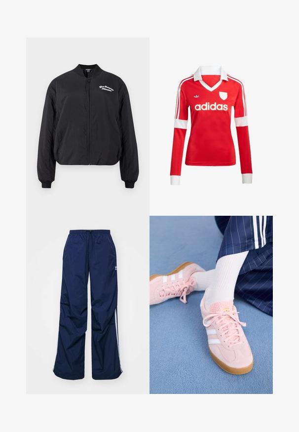 Sort bomberjakke med lynlås, ribstrikket krave og manchetter samt "New Balance Athletics"-logo på venstre bryst.; Rød langærmet fodboldtrøje med hvid krave og manchetter. Har tre hvide striber på skuldrene og "adidas" logoet fremtrædende vist.; Marineblå, letvægtsbukser med elastik i taljen og snøre, med hvide sidelister og et lille logo foran. Løs pasform.; Lyserøde ruskinds sneakers med hvide striber og snørebånd, udstyret med en struktureret tunge og en gummisål, placeret på et blåt tæppe.