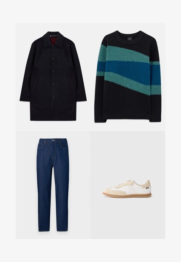 Schwarzer Wollmantel mit mittlerer Länge, Kragen, Knopfverschluss und zwei schräge Seitentaschen, auf einem weißen Hintergrund präsentiert.; Schwarzer gerippter Strickpullover mit diagonalen türkisfarbenen und blauen Streifen über der Brust und den Ärmeln, runder Ausschnitt und langen Ärmeln.; Les Benjamins Jeans Straight Leg - rinse wash; Weißer Sneaker mit hellbeigen Wildledereinsätzen, perforierten Details, flachen Schnürsenkeln und einer Gummisohle in Karamellfarbe. Mit gestreiftem Markenlogo an der Ferse.