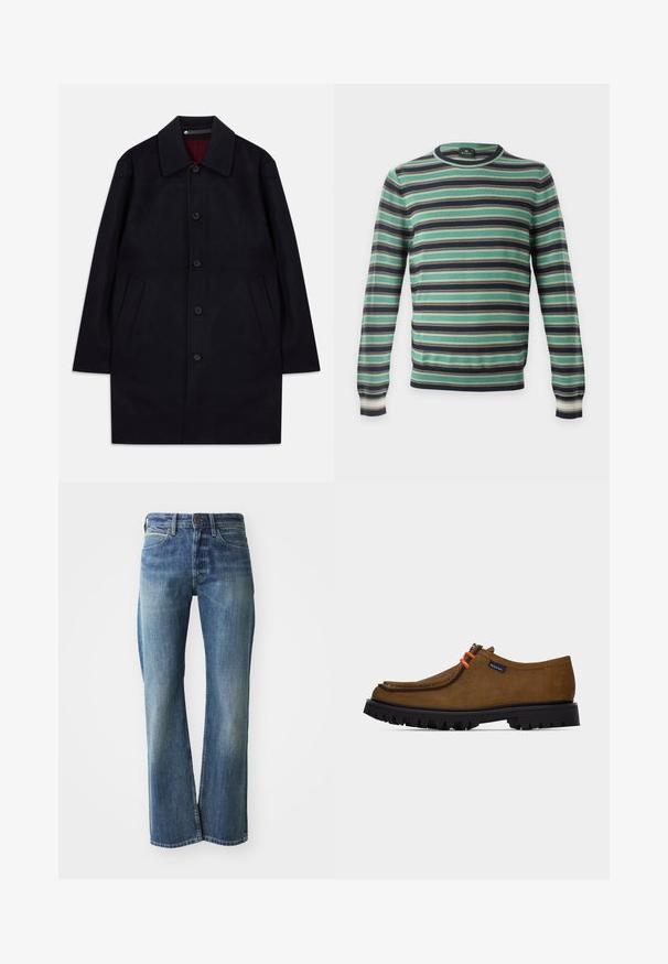Schwarzer Wollmantel mit mittlerer Länge, Kragen, Knopfverschluss und zwei schräge Seitentaschen, auf einem weißen Hintergrund präsentiert.; Langärmliger Pullover mit Rundhalsausschnitt und horizontalen Streifen in Grün, Schwarz, Weiß und Braun, auf einem einfarbigen Hintergrund dargestellt.; Jeans aus Denim in einem hellen bis mittleren Blauton, mit geradem Schnitt, klassischem Fünf-Taschen-Design und subtiler Ausbleichung auf der Vorderseite.; Brauner Wildleder-Schnürschuh mit grober schwarzer Sohle und orangen Schnürsenkeln, mit einem gebrandeten Stoffetikett an der Seite.