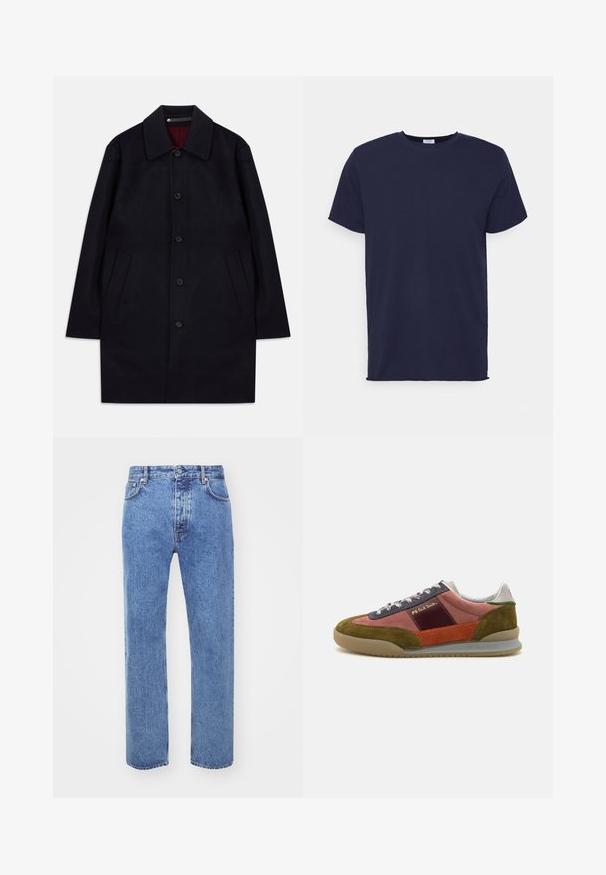 Schwarzer Wollmantel mit mittlerer Länge, Kragen, Knopfverschluss und zwei schräge Seitentaschen, auf einem weißen Hintergrund präsentiert.; Marineblaues T-Shirt mit kurzen Ärmeln aus weichem Stoff. Es hat einen Rundhalsausschnitt und einen geraden Schnitt ohne Muster oder Akzente.; Won Hundred STEVE - Jeans Relaxed Fit - cut blue; PS Paul Smith DOVER - Sneaker low - pink