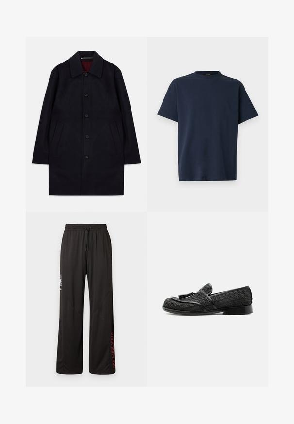 Schwarzer Wollmantel mit mittlerer Länge, Kragen, Knopfverschluss und zwei schräge Seitentaschen, auf einem weißen Hintergrund präsentiert.; Marineblaues Baumwoll-T-Shirt mit rundem Ausschnitt, kurzen Ärmeln und lockerem Schnitt. Glatte Textur ohne Muster oder sichtbare Details.; Schwarze Sporthose mit Kordelzugbund, Seitentaschen und rotem Schriftzug-Akzent am linken Bein. Glatter, leichter Stoff, lockere Passform.; Schwarzer gewebter Loafer mit Quastendetail, niedrigem Absatz und abgerundeter Spitze, seitlich auf weißem Hintergrund dargestellt.