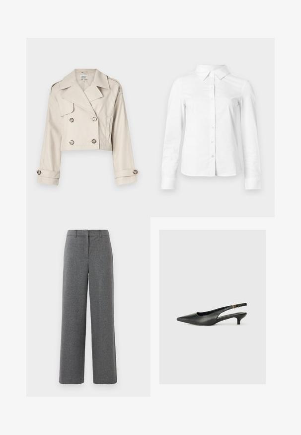 Gabardina beige cortada con cierre de botones de doble botonadura, grandes solapas y puños enrollados. Tejido suave con un ajuste a medida.; Camisa blanca de manga larga con botones, cuello puntiagudo, bajo recto y silueta ajustada, presentada sobre un fondo claro y liso.; Pantalones grises con un tejido texturizado y tejido. Diseño de pierna ancha, parte frontal plana y sin hardware o acentos visibles. Adecuado para vestir de forma formal.; Zapato de tacón slingback negro de punta afilada, hecho de cuero suave. Presenta un tacón delgado y un detalle de hebilla en la correa ajustable.