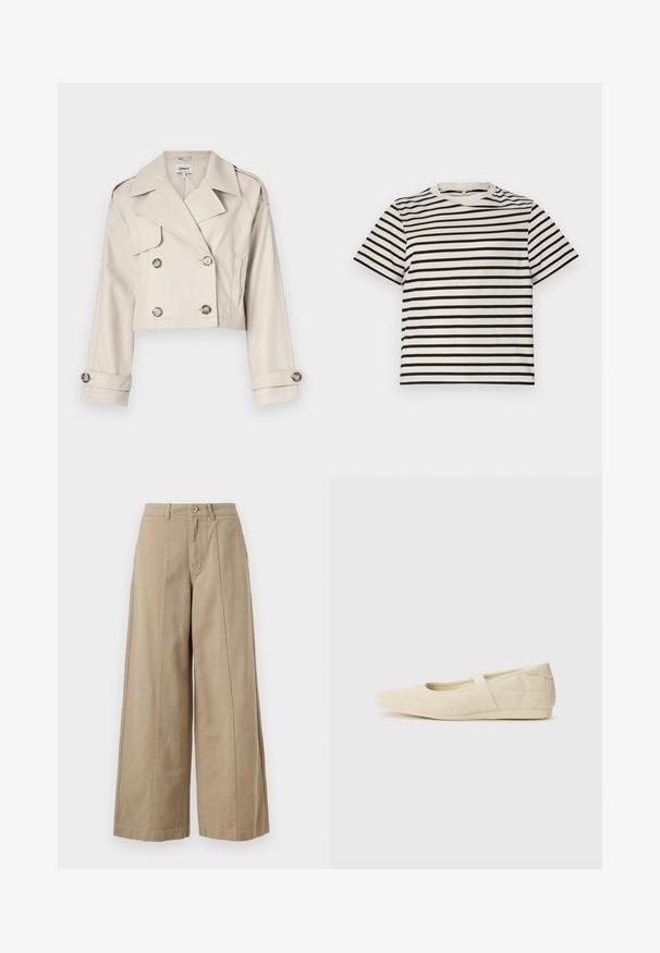Gabardina beige cortada con cierre de botones de doble botonadura, grandes solapas y puños enrollados. Tejido suave con un ajuste a medida.; Camiseta de rayas con cuello redondo, hecha de algodón ligero, con rayas negras y crema espaciadas uniformemente, mangas cortas y un corte relajado.; Pantalones de pierna ancha en beige, hechos de algodón resistente, con cierre de botón, trabillas para cinturón y pliegues frontales limpios sin bolsillos visibles.; Bailarinas beige con un exterior de cuero liso, punta en forma de almendra y una correa elástica en el empeine, con detalles de costura sutiles.