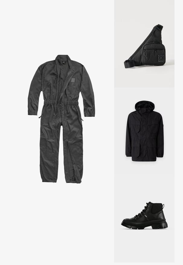 Chaqueta con capucha negra hecha de tejido ligero, que cuenta con cuatro bolsillos frontales, puños elásticos y una cintura ajustada para un ajuste personalizable.; Mono negro de manga larga con cremallera frontal, cintura y puños elásticos, múltiples bolsillos con cremallera y cuello mao con botón a presión.; Bota negra de cuero hasta el tobillo con suela gruesa y estriada, ojales de metal y logotipo "KARL" estampado en el panel lateral.; Bolso bandolera negro de Calvin Klein con correa ajustable, bolsillo frontal con cremallera y sutil estampado de logo sobre un fondo liso.