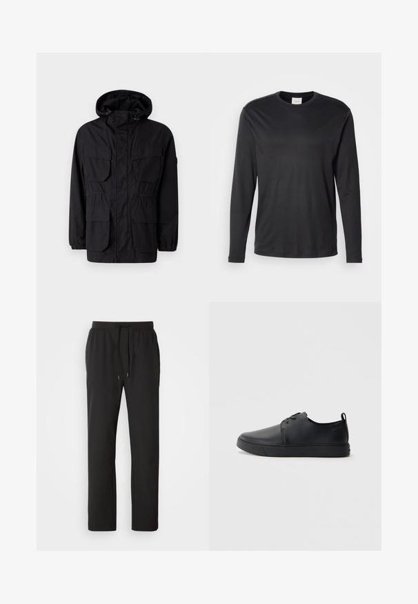 Chaqueta con capucha negra hecha de tejido ligero, que cuenta con cuatro bolsillos frontales, puños elásticos y una cintura ajustada para un ajuste personalizable.; Camisa negra de manga larga y cuello redondo de Calvin Klein con pequeño logo CK en el lado izquierdo del pecho, mostrada sobre un fondo blanco liso.; Pantalones de chándal negros hechos de tela ligera, con una cintura elástica y cordones ajustables, además de bolsillos laterales. Textura suave.; Zapatilla negra de cuero con acabado suave, punta redondeada, costuras a tono, cordones en la parte delantera y suela de goma plana. Asa en el talón.