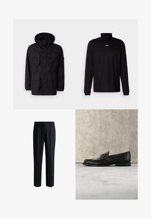 Chaqueta con capucha negra hecha de tejido ligero, que cuenta con cuatro bolsillos frontales, puños elásticos y una cintura ajustada para un ajuste personalizable.; Camisa de cuello alto negra de manga larga hecha de un tejido suave, con el logo blanco "HUGO" en el pecho, con puños y dobladillo ajustados.; Pantalones negros de tela suave, con un diseño de pierna recta, pliegues en la parte delantera y cierre de botón con trabillas para cinturón.; Mocasín de cuero negro con pieza metálica dorada y logotipo "HUGO", exhibido sobre una alfombra beige y muebles translúcidos marrones.