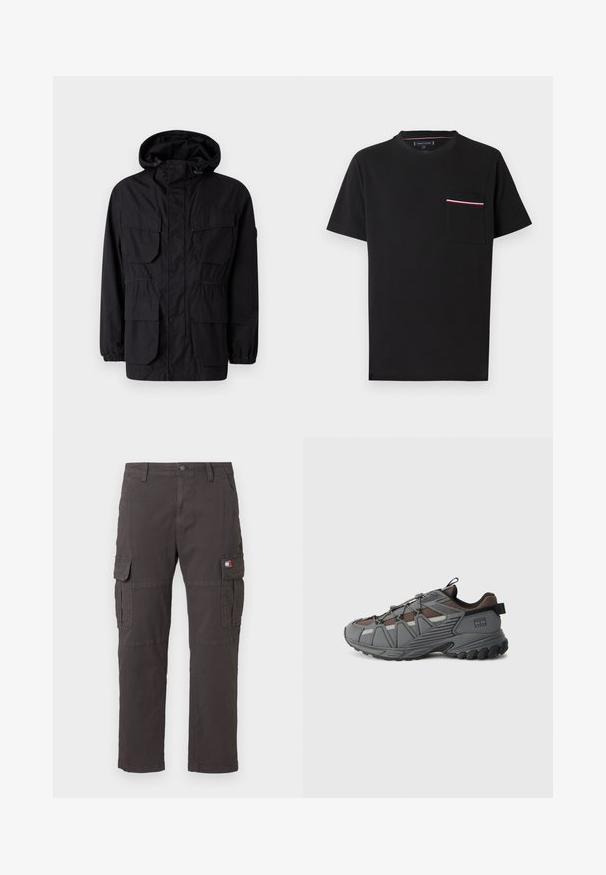Chaqueta con capucha negra hecha de tejido ligero, que cuenta con cuatro bolsillos frontales, puños elásticos y una cintura ajustada para un ajuste personalizable.; Camiseta negra de manga corta con un bolsillo en el pecho que presenta un detalle de rayas estrechas en rojo, blanco y azul a lo largo del borde superior.; Pantalones cargo gris oscuro hechos de algodón. Presentan múltiples bolsillos laterales, un diseño de pierna recta y un pequeño parche con el logo en el bolsillo izquierdo.; Zapatilla deportiva gris y marrón con suela resistente, lengüetas negras y logo en el talón, mostrada en perfil lateral sobre fondo blanco.