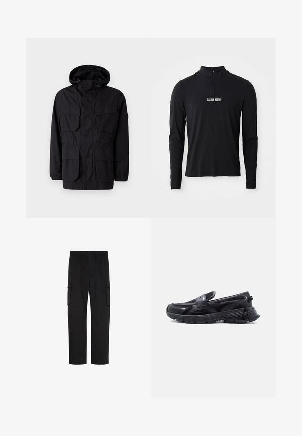 Chaqueta con capucha negra hecha de tejido ligero, que cuenta con cuatro bolsillos frontales, puños elásticos y una cintura ajustada para un ajuste personalizable.; Top negro de manga larga con cuello alto, que presenta una cremallera de cuarto y el logo blanco "CALVIN KLEIN" en la parte frontal. Tejido suave y elástico.; Pantalones cargo negros de pierna recta con cintura elástica, cierre de botón y dos bolsillos con solapa en los lados.; Zapatilla negra sin cordones con suela gruesa y texturizada y paneles de malla, diseñada para uso casual y deportivo.