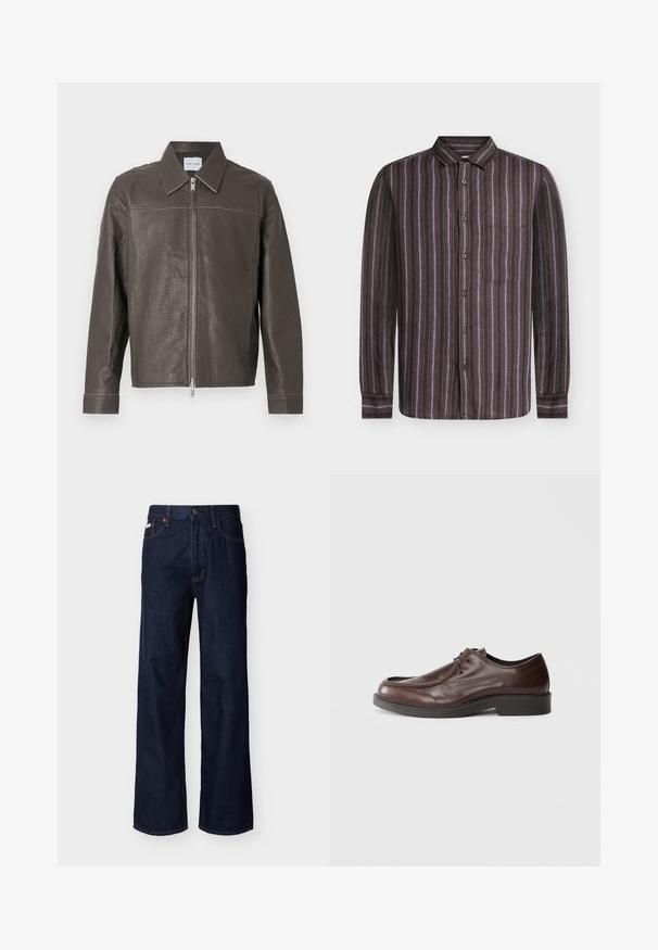 Veste en cuir marron avec fermeture éclair à l'avant, col classique et manches longues. Présente des coutures contrastantes le long des coutures. Texture lisse.; Samsøe Samsøe RYAN - Chemise - regal orchid st.; Jean droit en denim bleu foncé avec design à cinq poches et fermeture par boutons, présenté sur un fond clair uni.; Chaussure habillée en cuir marron avec un bout arrondi, des accents de couture minimum, et une semelle noire robuste. Présente un système de laçage et une texture lisse.