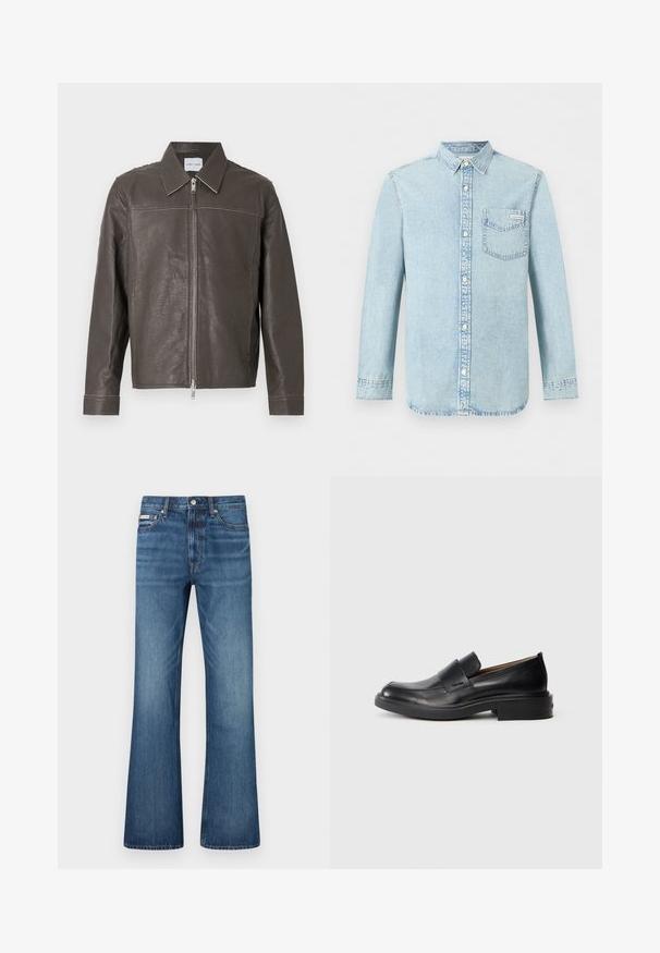 Veste en cuir marron avec fermeture éclair à l'avant, col classique et manches longues. Présente des coutures contrastantes le long des coutures. Texture lisse.; Chemise en denim bleu clair à manches longues, fermeture boutonnée devant, une poche poitrine simple avec le logo Calvin Klein, et un col pointu.; Jean en denim bleu avec une jambe légèrement évasée, cinq poches, fermeture par bouton, et un léger délavage aux cuisses et aux genoux.; Chaussure habillée noire en cuir, à enfiler, avec un petit talon et un logo Calvin Klein discret sur le côté, présentée de profil sur un fond blanc.