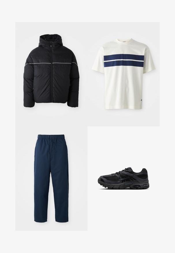 Veste noire matelassée avec capuche, dotée d'une fermeture éclair à l'avant et d'une bande blanche horizontale sur la poitrine. Tissu lisse avec une finition mat.; T-shirt en coton blanc avec un design de rayures horizontales bleu marine et une rayure blanche plus étroite en dessous, manches courtes et col rond.; Pantalons bleu marine en tissu lisse, avec une taille élastique dotée d'un bouton, des jambes droites et sans motifs ni éléments apparents.; Chaussure de course Nike noire et gris foncé avec tissu en mesh, empiècements en daim, semelle amortie et unités d'air visibles au talon et à l'avant-pied.