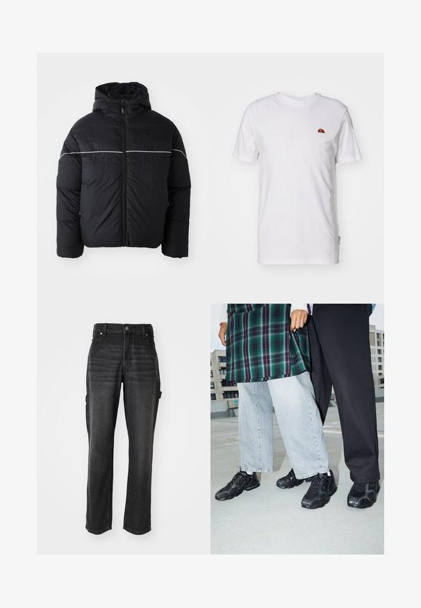 Zwarte gewatteerde jas met een capuchon, voorzien van een voorrits en een witte horizontale band over de borst. Soepele stof met een matte afwerking.; Witte katoenen t-shirt met korte mouwen en een ronde hals. Bevat een klein kleurrijk logo op de linkerkant van de borst. Zachte textuur.; Zwarte denim cargobroek met rechte pijpen, voorzien van zijzakken, een metalen knoopsluiting en ton-sur-ton stiksels. Gelaagd stof.; Zwarte sportieve schoenen met mesh- en rubberaccenten. Draagt een lichtgrijze wijde spijkerbroek en een groen geruit shirt. Effen achtergrond.