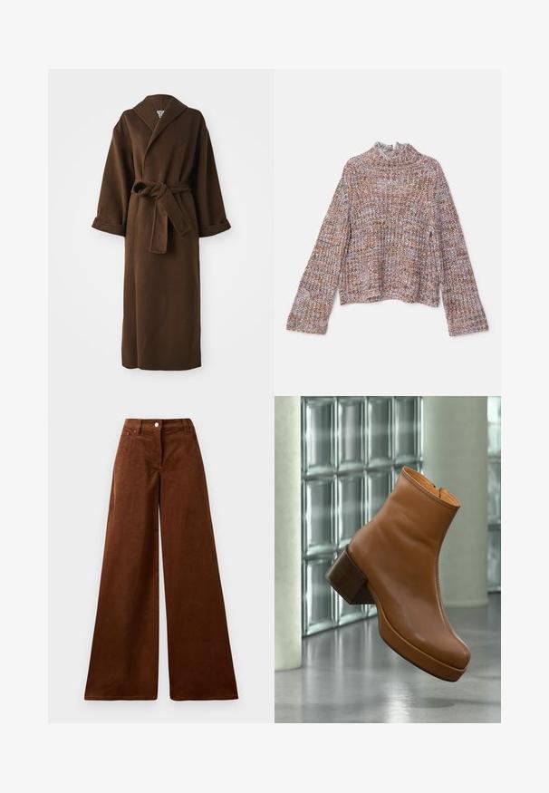Manteau long en laine marron avec un col châle, des manches larges et une ceinture à nouer à la taille. Texture lisse et détails minimaux.; Pull en tricot avec un col montant, présentant un motif multicolore dans des nuances de violet, marron et blanc. Manches longues évasées.; Pantalons en velours côtelé marron à jambe large avec une taille haute, dotés d'une fermeture à boutons à l'avant et de deux poches avant. Texture douce avec des rayures verticales.; Bottine en cuir marron à talon bloc, flottant à l'intérieur près d'un mur en briques de verre et d'une colonne cylindrique sur un sol poli.