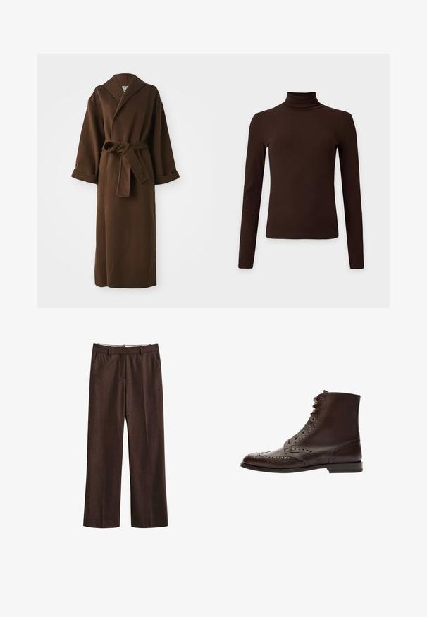 Manteau long en laine marron avec un col châle, des manches larges et une ceinture à nouer à la taille. Texture lisse et détails minimaux.; Haut à col roulé côtelé marron foncé à manches longues avec silhouette ajustée sur fond clair uni.; Pantalon marron à jambes droites avec passants de ceinture, poches latérales et fermeture avant cachée, affiché sur fond blanc.; Bottine en cuir marron avec détails de brogue, bout rond et design à lacets avec œillets en métal. Texture lisse et semelle robuste.