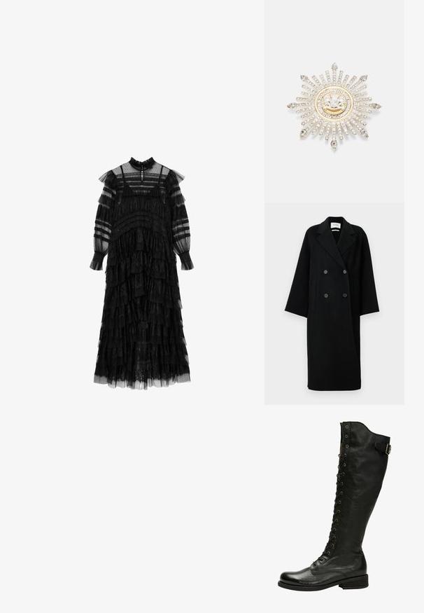 Manteau noir en laine à double boutonnage avec un col cranté, deux poches avant et des boutons à l'avant. Silhouette oversized et droite.; Robe noire à volants en dentelle transparente. Dotée d'un col montant, de manches longues, de couches festonnées et d'accents rayés. Classique, longueur jusqu'au sol.; Botte en cuir noir hauteur genou avec un laçage à l'avant, œillets en métal argenté et boucle sur le côté. Présente une finition texturée et un talon empilé.; Broche en argent avec un design en rayons de soleil, mettant en vedette des strass clairs et un centre circulaire accentué d'or avec un emblème.