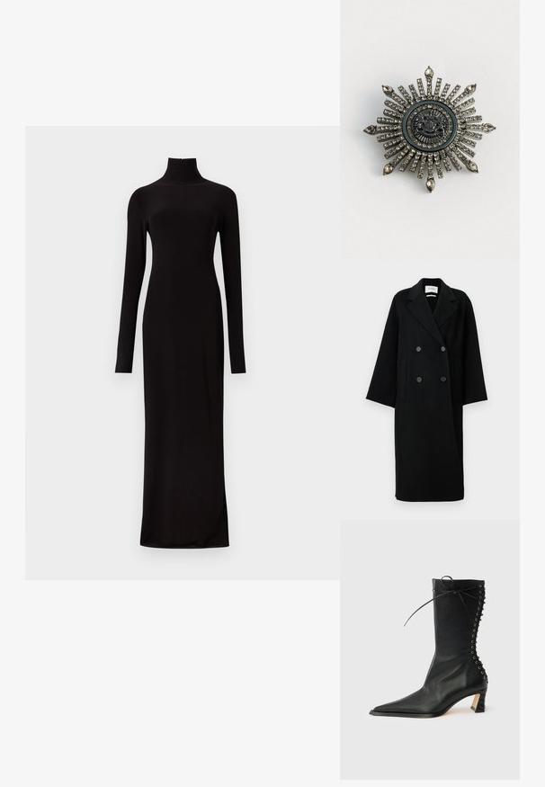 Manteau noir en laine à double boutonnage avec un col cranté, deux poches avant et des boutons à l'avant. Silhouette oversized et droite.; Robe noire à manches longues, longueur jusqu'au sol, col montant et silhouette ajustée, présentée sur un fond clair uni.; Bottine noire en cuir avec bout pointu, talon fin, détail à lacets à l'arrière et œillets métalliques. Texture lisse avec un design élégant.; Broche en forme d'étoile en métal argenté avec des strass clairs. Le design central présente un emblème circulaire avec des détails délicats.