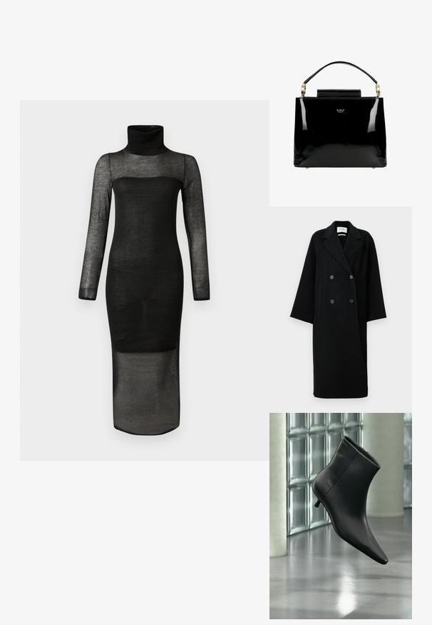 Manteau noir en laine à double boutonnage avec un col cranté, deux poches avant et des boutons à l'avant. Silhouette oversized et droite.; Longue robe noire transparente avec manches longues, col roulé, et doublure noire unie du buste jusqu'à mi-cuisse.; Bottine en cuir noir à bout pointu et petit talon kitten, présentée en angle devant un sol poli et un mur en blocs de verre.; Sac à main en cuir verni noir avec un design structuré, comportant une poignée supérieure, des accents en métal doré et un petit rabat à l'avant.