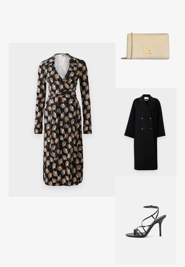 Manteau noir en laine à double boutonnage avec un col cranté, deux poches avant et des boutons à l'avant. Silhouette oversized et droite.; Robe noire portefeuille à manches longues avec un motif de feuilles en éventail brun-beige, col, et ceinture à nouer à la taille.; Sandale noire à talons hauts avec des brides fines, une boucle à la cheville, une surface en cuir lisse et un talon aiguille élancé.; Pochette en cuir texturé doré avec une chaîne dorée, comportant un logo doré prominent sur le devant. Forme rectangulaire.