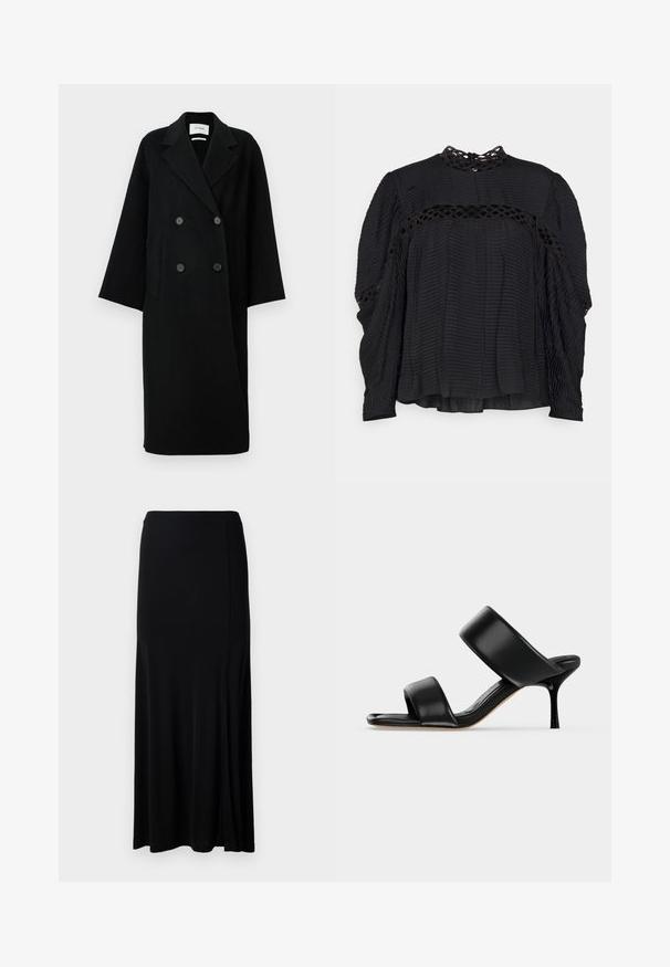 Manteau noir en laine à double boutonnage avec un col cranté, deux poches avant et des boutons à l'avant. Silhouette oversized et droite.; Iro NAJALE - Blouse - black; Jupe maxi noire en tissu lisse, dotée d'une fente latérale, d'une taille élastique et d'une coupe droite pour un design minimaliste.; Sandale mule en cuir noir avec deux larges brides et un talon stiletto fin de hauteur moyenne sur un fond clair uni.