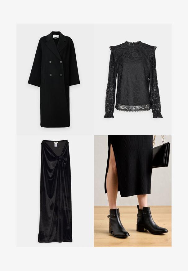 Manteau noir en laine à double boutonnage avec un col cranté, deux poches avant et des boutons à l'avant. Silhouette oversized et droite.; PIECES Tall PCOLLINE - Blouse - black; GmbH LONG SKIRT WITH A KNOT - Jupe longue - black; Bottines en cuir noir avec un bout pointu, un petit talon carré, des détails de sangle cloutée et une texture lisse. Portées avec une jupe noire à côtes.