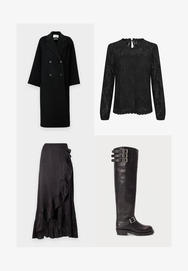 Manteau noir en laine à double boutonnage avec un col cranté, deux poches avant et des boutons à l'avant. Silhouette oversized et droite.; Blouse en dentelle noire à manches longues avec un col rond, un ourlet festonné et un dos avec un détail en clé. Motif floral délicat sur l'ensemble.; Jupe en satin noir avec un ourlet froncé et des détails sur le côté. Le motif léopard texturé ajoute un intérêt visuel. Silhouette longue et fluide.; Botte noire en cuir jusqu'au genou avec un bout arrondi, trois boucles de sangle sur le haut et un détail de boucle sur le côté. Semelle plate et texture lisse.